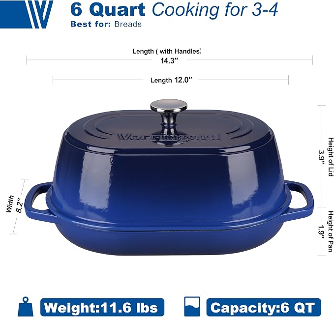 Enameled Cast Iron Dutch Oven Pot with Dome Lid, Oval Bread Oven for Homemade Sourdough Bread Baking, Oven Safe up to 500°F, 6 Quart, Blue