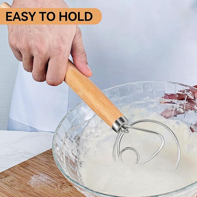 TEEVEA Danish Dough Whisk Wooden Handle Stainless Steel for Sourdough Bread | Dutch Dough Hook, Replaces Hand Mixer and Spoon, Bread Baking Tool, Food Grade Rust Resistant Steel, Non-Stick, Easy to Clean