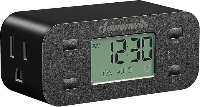 DEWENWILS Indoor 24 Hour Programmable Digital Timer Outlet, 1 Outlet,1 Pack | 3 On/Off Programs,125V/15A, 1/2 HP, 3 Prong Light Timer for Lamp,Aquarium, Christmas Decorations, Reptile Tanks,Black