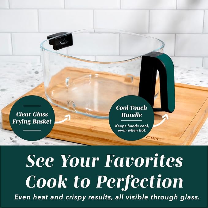 COOK WITH COLOR 1400W 5.5Qt Digital Kitchen Air Fryer with Glass Basket, 8 Presets Healthy Cooking Options, Bake, Fry, Reheat, 60-Min Timer, Adjustable Temperature Control 175°F–400°F, Sage