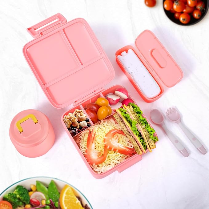 JXXM Bento Lunch Box for Kids With 8oz Soup Thermo,Leak-proof Lunch Containers with 5 Compartment,Thermo Food Jar and Lunch Bag, Food Containers for School (A-Pink（Unicorn - Mermaid）)