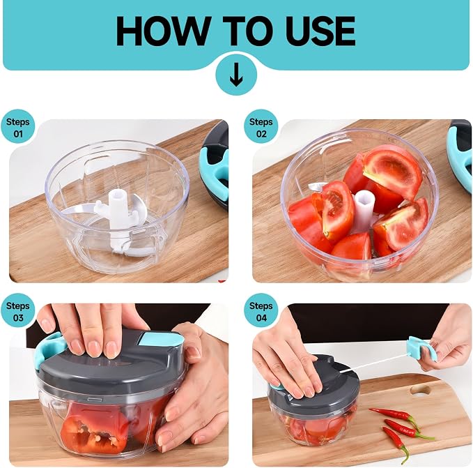 Manual Food Processor Vegetable Chopper, Portable Hand Pull String Garlic Mincer Onion Cutter for Veggies, Ginger, Fruits, Nuts, Herbs, etc., 500ml,（Gray-blue）