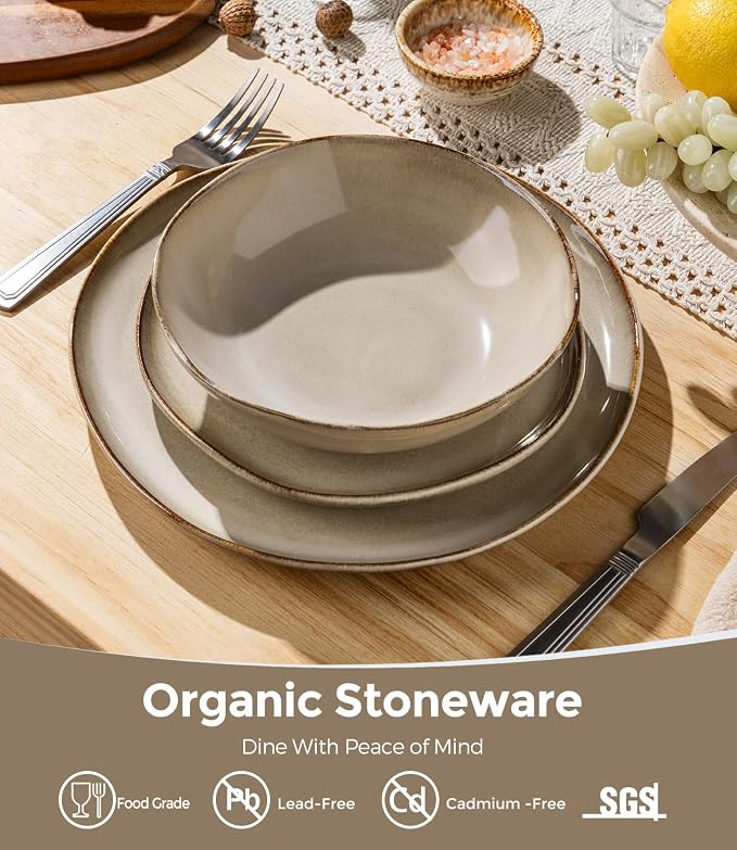 GBHOME Stoneware Dinnerware Sets for 8,24 Piece Rustic Plates and Bowls Set | Earthenware Handmade Reactive Glaze Plate Sets, Chip Resistant Ceramic Dishes, Microwave & Dishwasher Safe, Oatmeal Linen