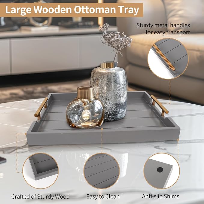 SXNOWS Wooden Serving Tray with 2 Sets of Handles,Gray | 16.5x13 Inch Large Ottoman Tray Platter for Coffee Table Living Room Breakfast in Bed Party, 4 Round Coasters Included
