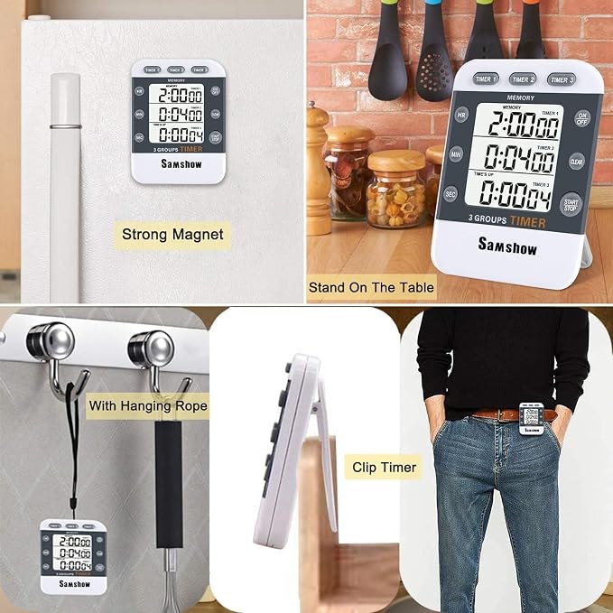 Samshow Digital Kitchen Timer, 3 Channels | Count UP/Down, Large Display, Adjustable Volume Alarm, Magnetic Back, Stand, Battery Included