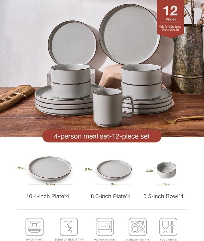 Famiware Nebula Ridge 12-Piece Stoneware Dinnerware Set, Light Gray | Plates and Bowls for 4, Warm Hand-Painted Rims, Microwave and Dishwasher Safe, Daily Essentials