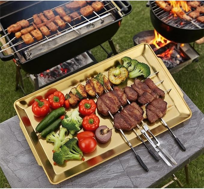 15.8" x 9.5" Large Serving Platters Set of 2, Stainless Steel Heavy-Duty Large Serving Trays, Gold Rectangular Plates for Food, Fruit, Party, Wedding, Christmas, Chip and Scratch Resistant