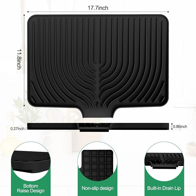 GUUKIN Dish Drying Mat, 17.7" x 11.8 " Drying Matt Kitchen Counter,Non-Slip Drying Pad, Easy Clean Pad for Countertop Protection, Multi-Functional Use (Black)