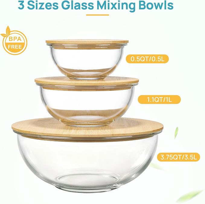 Vtopmart 3 Pack Glass Mixing Bowls with Bamboo Lids, Nesting Set | Kitchen Bowls for Mixing, Meal Prep, Serving & Baking, Space-Saving Nesting Design with Microwave and Dishwasher Safe Glass