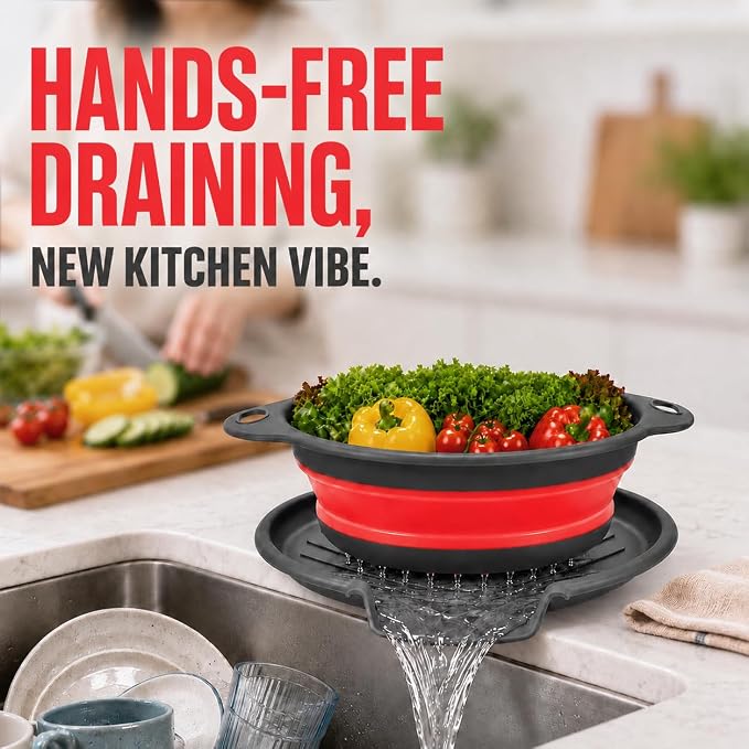 2 Collapsible Colanders with Self-Draining Tray (Red) | 11.6 & 13.4 in baskets; 12.8 in grooved tray; folds to 2.1 in; for pasta, rice, fruit and vegetables