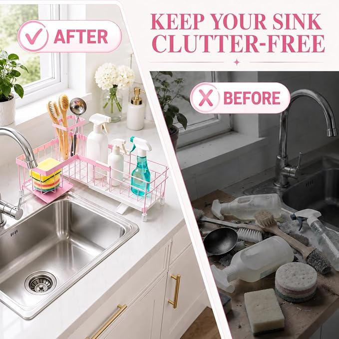 Extendable Corner Sink Sponge Holder, Quick-Drain Caddy For Kitchen Sink, Pink