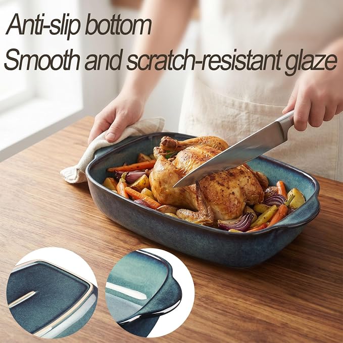 15.5 x 9.8-inch rectangular baking pan, 3.7-quart ceramic baking pan with handle, suitable for roasting vegetables/meats, lasagna, kitchen, and dining room.