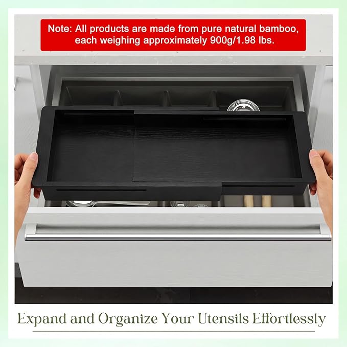 LemonRoad 1 Pcs Sliding Drawer Organizer 12.4-17.7 Inch Bin Bamboo Drawer Expandable Bins Utensil Organizer for Kitchen Spoons Forks Knives (Black)