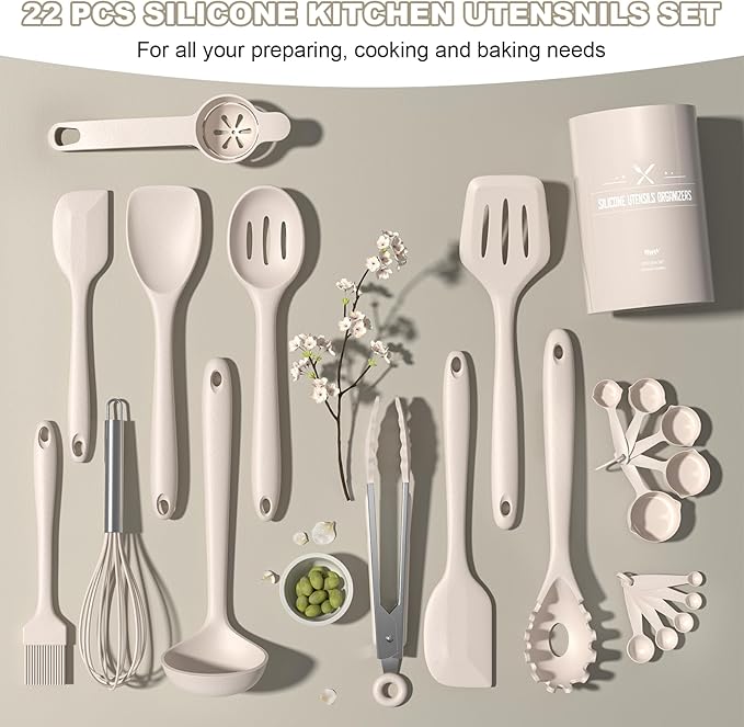 Umite Chef 22-Piece Silicone Cooking Utensils Set，Heat Resistant & Dishwasher Safe Kitchen Tools, Black Non-Scratch Spatula Set for Nonstick Cookware (Khaki)