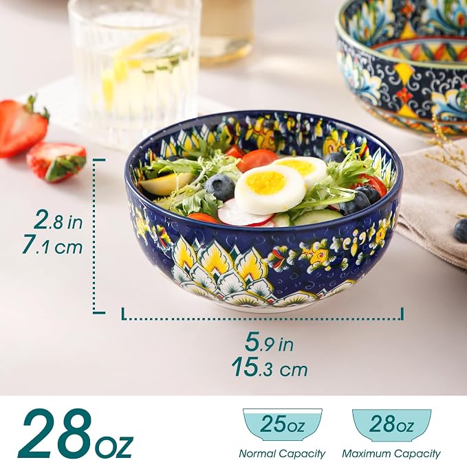 vancasso SIMI 28 oz Cereal Bowls Set of 6, Bohemian Ceramic Soup Bowls | For Pasta, Salad, Ramen, Fruit Serving, Dishwasher and Microwave Safe, Porcelain, Chip-Resistant, Decorative Bowls