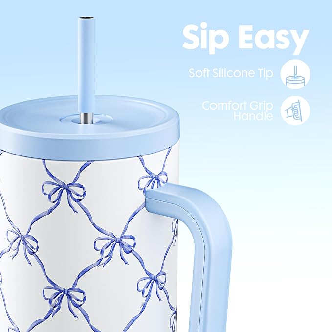 Meoky Glow in the Dark Tumbler: 40 oz Tumbler with Handle and Straw- Stainless Steel Insulated Tumbler for Car Cup Holders - Travelers Commuters Workers (1 Pack, Blue Bow)