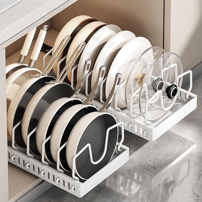 pots and pans organizer under cabinet,pot lid organizers inside cabinet holders for kitchen,Horizontal and vertical pulling modes,cast iron storage (White vertical pull-out)