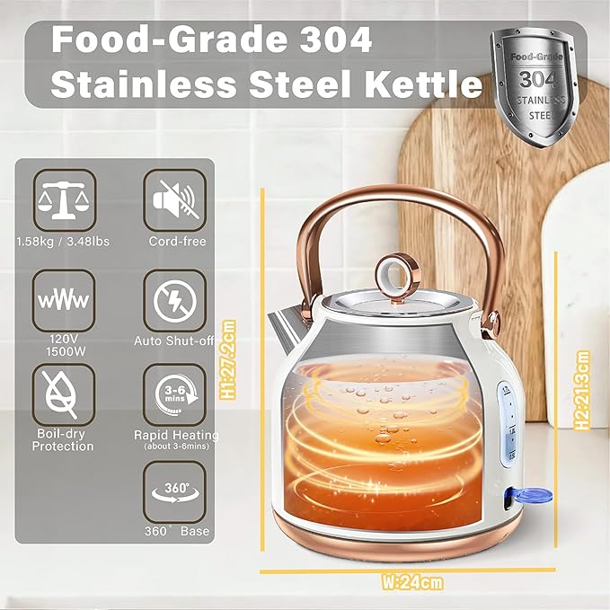 Retro Electric Kettle, 1.7L Stainless Steel Tea Kettle with Large Temperature Gauge, 1500W Fast Heating Hot Water Boiler with LED Indicator, Auto Shut-off & Boil-Dry Protection-Reteo White