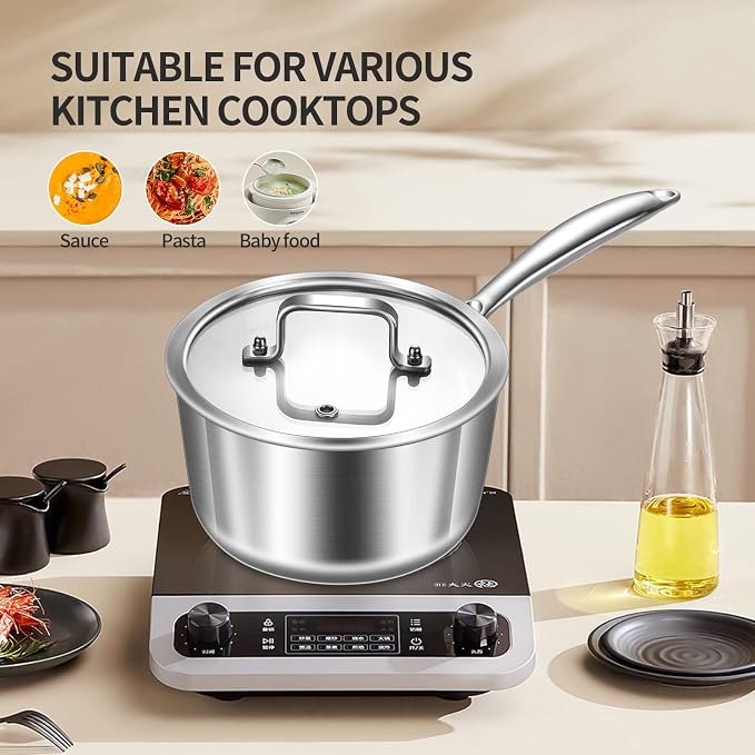 LOLYKITCH Tri-Ply Stainless Steel 2.5 QT Saucepan with Lid | Dia.18CM | Induction Cooking Sauce Pot | Oven and Dishwasher Safe | Detachable Handle