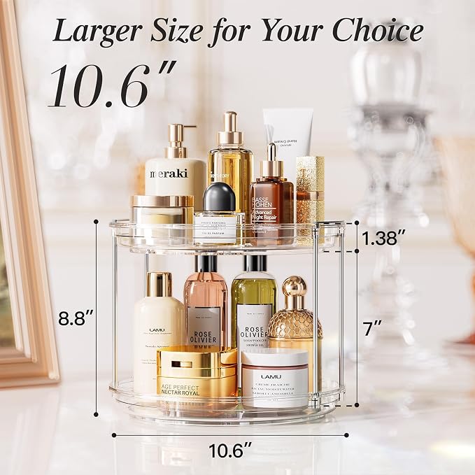 LAMU 4 Pack 10.6'' 2-Tier Lazy Susan Turntable Organizer Rotating Spice Rack Organization for Cabinet, Kitchen, Pantry, Countertop, Bathroom, Vanity, Makeup Organizer, Clear