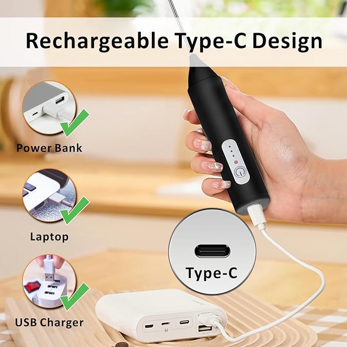 Rechargeable Milk Frother Wand Handheld, Coffee Foam Maker,Mini Drink Mixer | Dual Stainless Steel Whisk, 3 Speeds, USB-C Battery Portable Protein Blender, Small Electric Stirrer for Mathca, Cappuccino