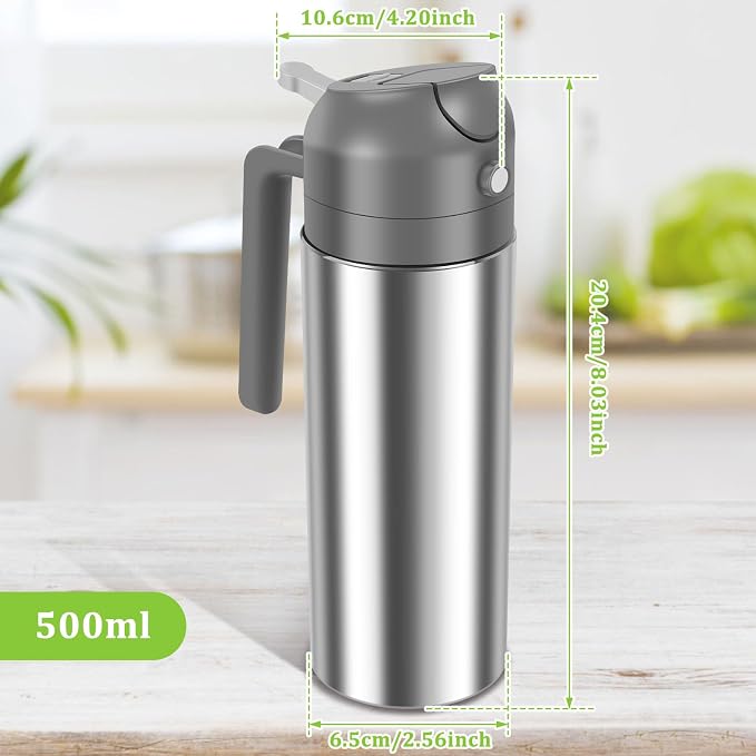 2 in 1 Oil Dispenser and Oil Sprayer, 304 Stainless Steel Oil Dispenser Bottle, 500ml Oil Sprayer for Cooking, Refillable Food-grade Oil Mister for Air Fryer, Salad, Frying, BBQ, Home Kitchen Gadget