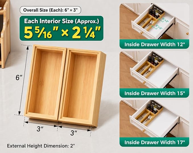 Small Bamboo Kitchen Drawer Organizer Boxes 6" x 3" Stackable Wood Tray | Set of 2 Silverware Utensil Tray for Drawers Bins Cutlery & Flatware Storage Wooden Organizers for Junk Drawer, Bathroom, Rv