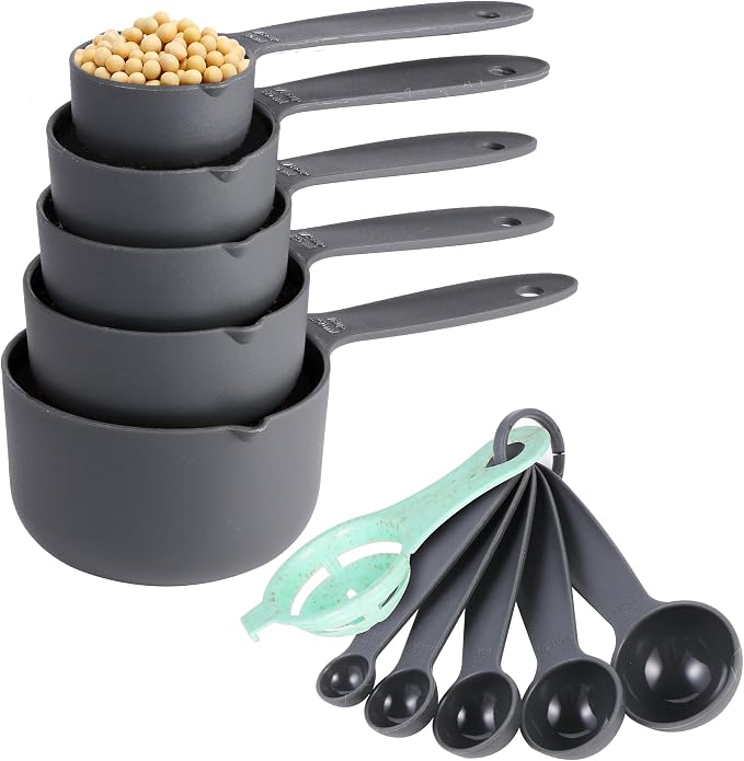 Measuring Cups and Spoons Set of 10 pcs, Nesting Measuring Set with Spout for Dry and Liquid Ingredient (Gray)