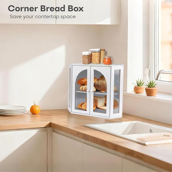 Corner Bread Box for Kitchen Countertop,Double Layer Bread Holder | 3 Adjustable Height, Large Capacity, Magnetic Acrylic Door, Bamboo Bread Storage Container for Homemade Bread, White