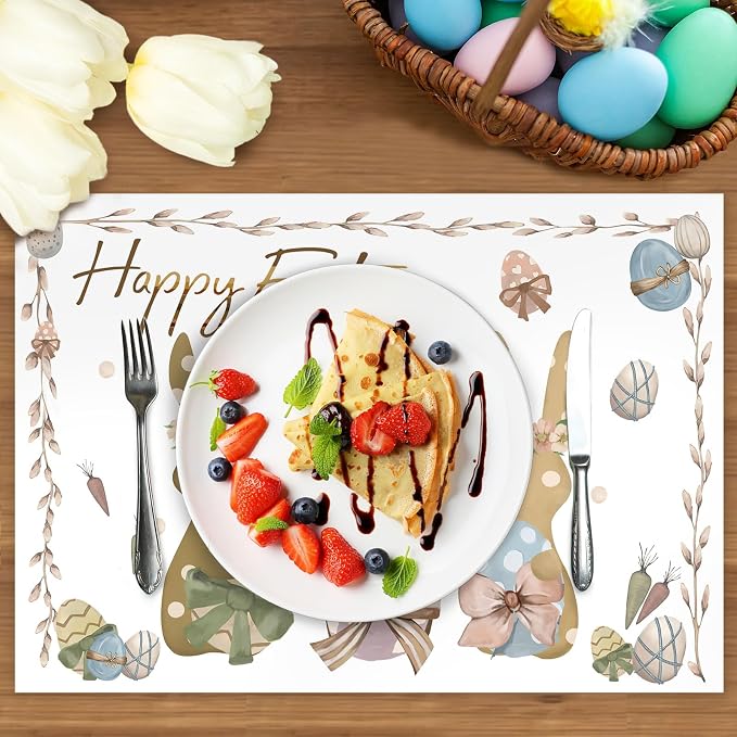50 Pack Rabbits Eggs Happy Easter Placemats, Easter Theme Table Mats | 16x11 inch Bunny Disposable Placement Mats for Seasonal Holiday Kitchen Dining Table Decoration