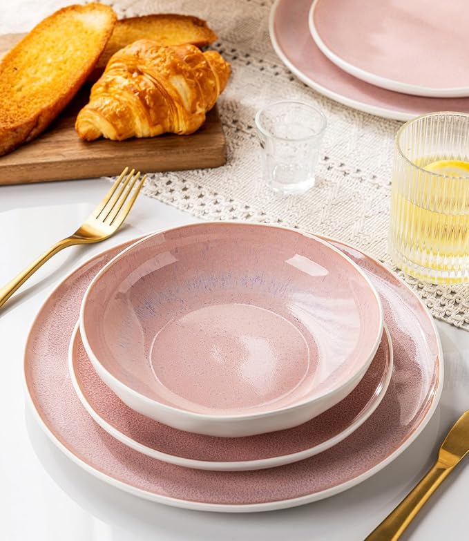 GBHOME Stoneware Dinnerware Sets for 6,18 Piece Rustic Plates and Bowls Set | Earthenware Handmade Reactive Glaze Plate Sets, Chip Resistant Ceramic Dishes, Microwave & Dishwasher Safe, Pink