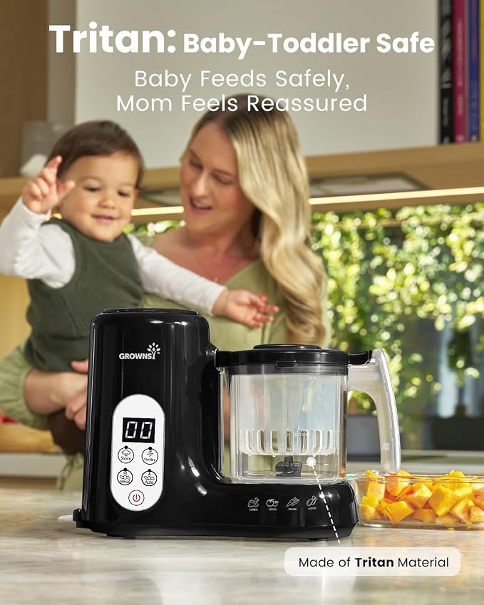 Grownsy Baby Food Maker, Steamer & Blender Baby Food Processor, Black | BPA-Free Elevated Steam Basket, Healthy Homemade Baby Food Purees, Starting Solids & BLW, Baby Feeding Essentials, 6+ Months