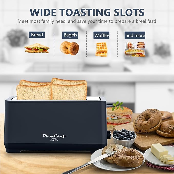 Plum chef 4-Slice Toaster, Extra Wide Long Slot Toaster, 6 Browning Settings, Bagel/Defrost/Reheat Functions, Removable Crumb Tray, Stainless Steel Housing 1350W，Black