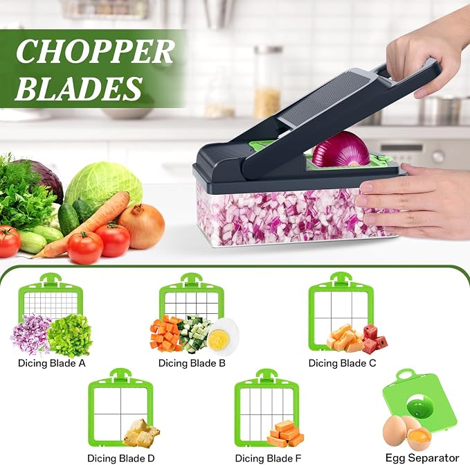HomeHacks Veggie Chopper Vegetable Cutter, 15 in 1 Kitchen Gadget, Green | Dicer, Slicer, Cutter, Slap Chop, Cheese Grater & Egg Separator - Multi-Functional Salad Fruit Onion Chopper with Container