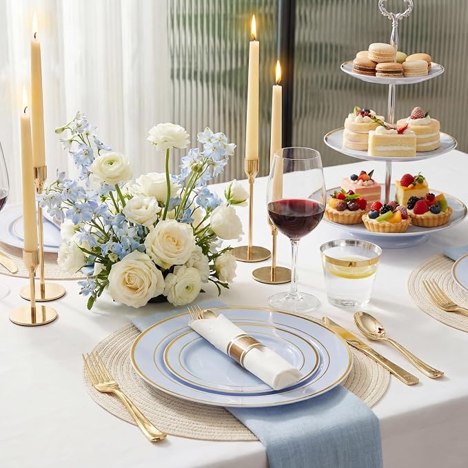 175PCS Blue Plates Disposable - Baby Blue Plastic Plates - 25Guests Plastic Dinnerware with Rolled Napkins for Wedding/Birthday/Baby Shower