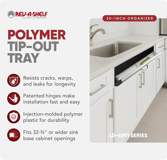 Rev-A-Shelf 30" Plastic Tip-Out Tray Organizer for Sink Base Cabinets | Home Kitchen and Bathroom Organization, Min Opening Width of 32.75", White, LD-6591-30-11-1