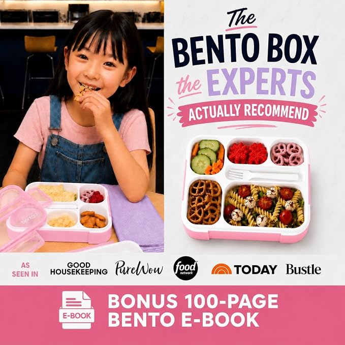 kinsho Glitter Bento Box Lunch Box for Kids Girls, Cute School Snack Meal Prep Container for Lunches, Pink