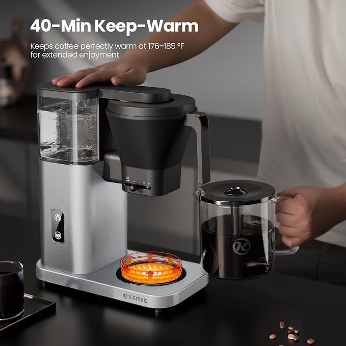Kismile SCA-Certified 8 Cup Drip Coffee Maker, Pour Over Coffee Machine with 3s Instant Heat 197–205℉, Adjustable Flow Control, Removable Water Tank, Deep Cold Brew & 40 Min Keep Warm (Silver)