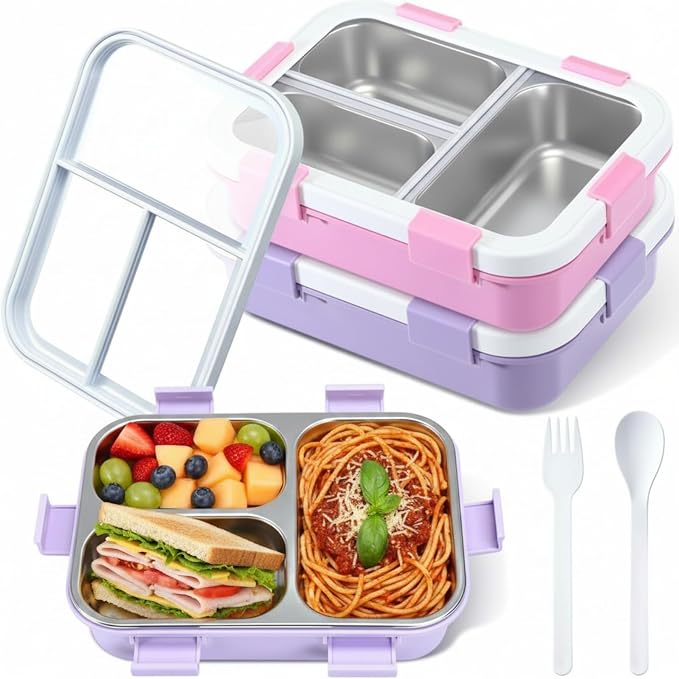 LemonRoad 2 Pcs 304 Stainless Steel Bento Box with Spoon Fork, 24 oz, Pastel