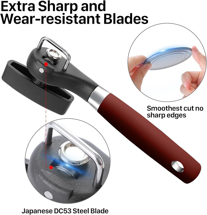 Beneno Can Opener, Manual Side Safe Cut Can Opener Smooth Edge, Red | Durable Sharp DC53 Steel Cutting Blade, Clean Cut with no Sharp Can Edges, Big Effort-Saving Knob, Comfortable Non-Slip Grip