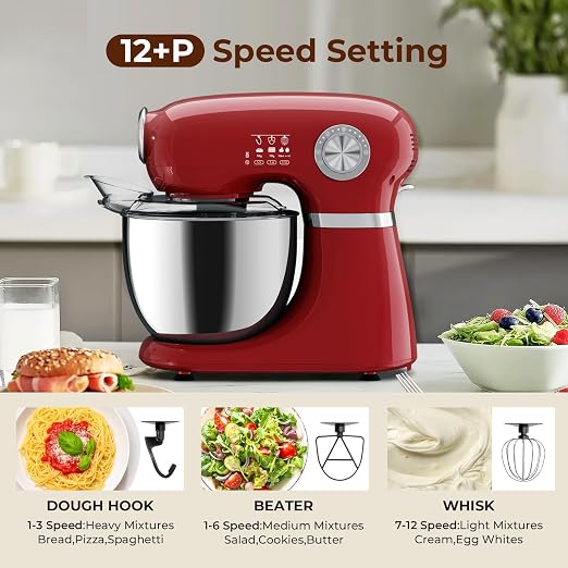 Electactic 5.3 Quart Electric Stand Mixer With 12 Speed, Low Noise | Electric Mixer With Tilt Head, Kitchen Mixer for Daily Use with Egg Whisk, Dough Hook, Flat Beater, Anti-slip Suction Cup