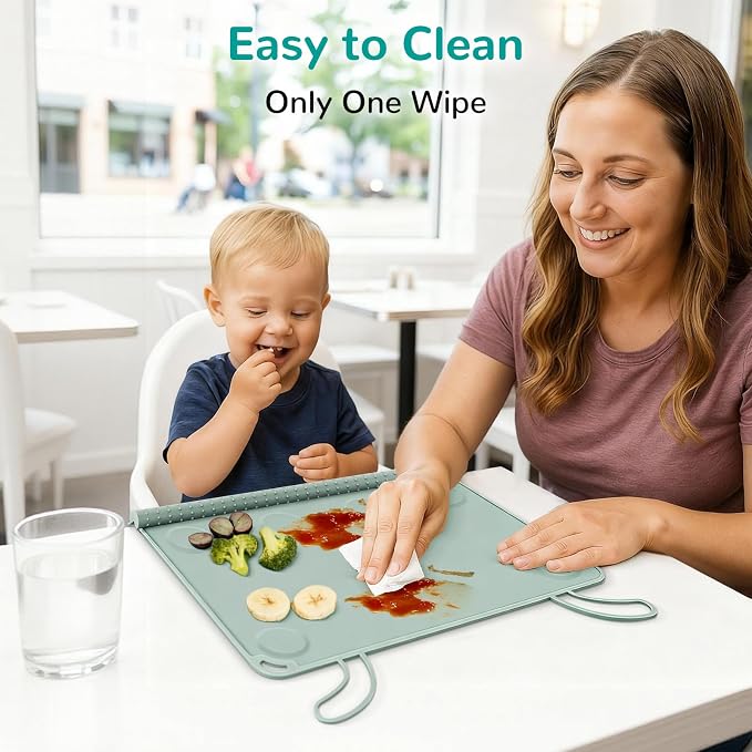 Silicone Placemat for Toddler Eating: Wipe Clean & Roll Up in The Diaper Bag - Table Mat for Restaurant/Travel/On-The-Go