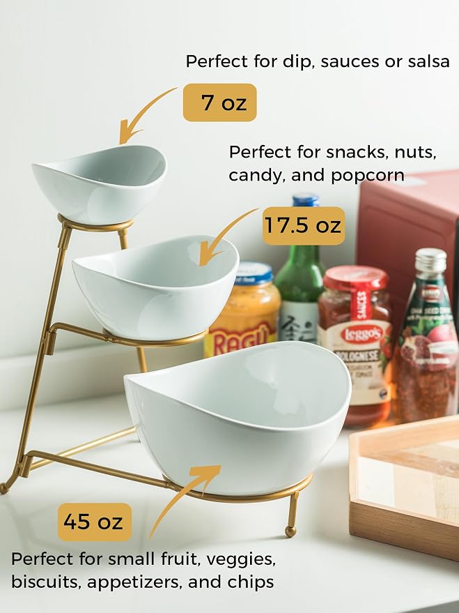 YHOSSEUN 3 Tier Serving Stand Oval Tiered Serving Bowl with Metal Rack | Chip and Dip Serving Bowl Set for Parties, Catering Supplies Buffet Food Display Dessert Appetizer, Gold-45oz/17.5oz/7oz