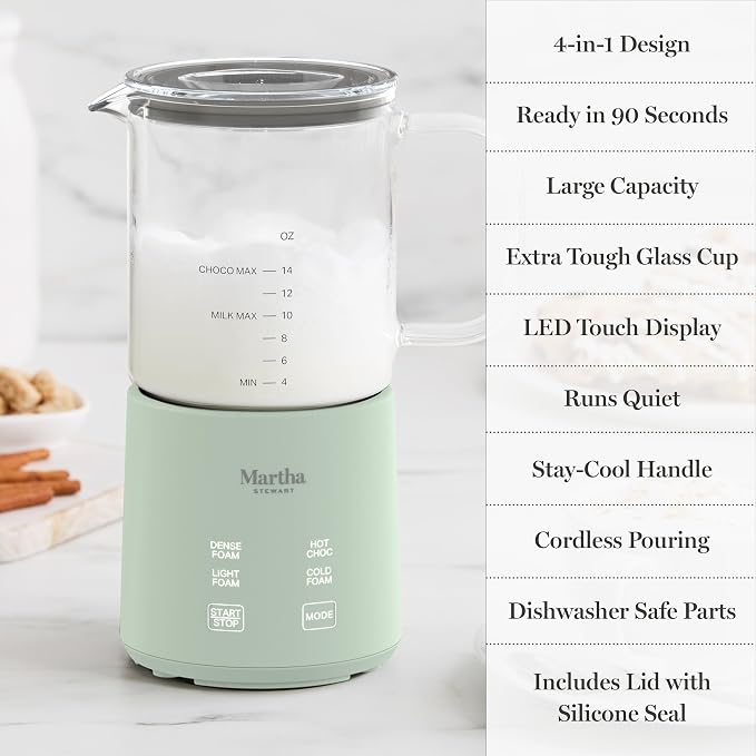 Martha Stewart 10oz Milk Frother & Steamer, 4 Presets, 300ml Glass Pitcher | Light, Dense, Cold Foam & Hot Chocolate, Ready in 90 Seconds, Cordless Pouring, Runs Quiet, Almond, Soy & Oat Milk, Honeydew