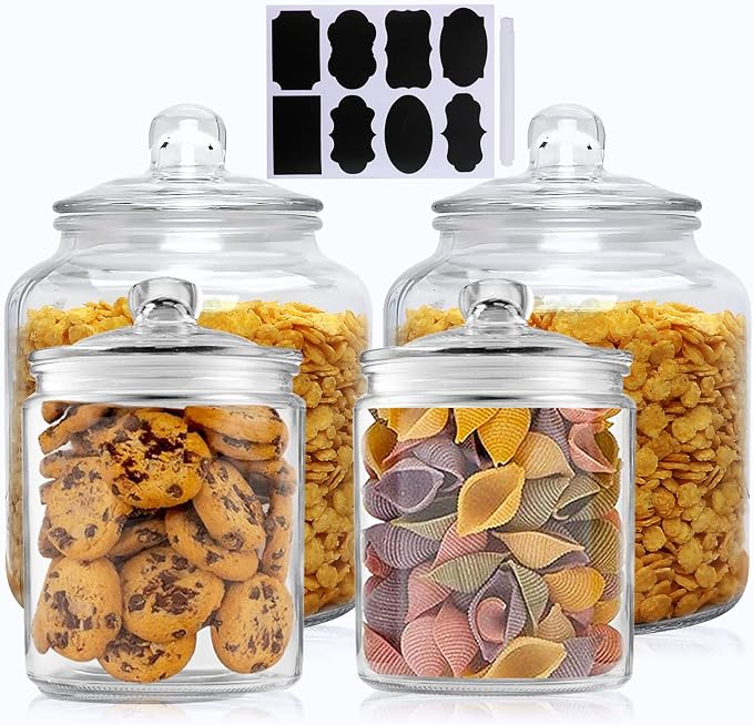 Salzesfalls Glass Storage Containers, Clear Glass Jar with Lids Set of 4 | 2 Pack 32oz and 2 Pack 64oz Cookie Jar & Candy Jar with Airtight Lid, Kitchen Canisters for Pantry, Flour, Coffee bean, Pasta