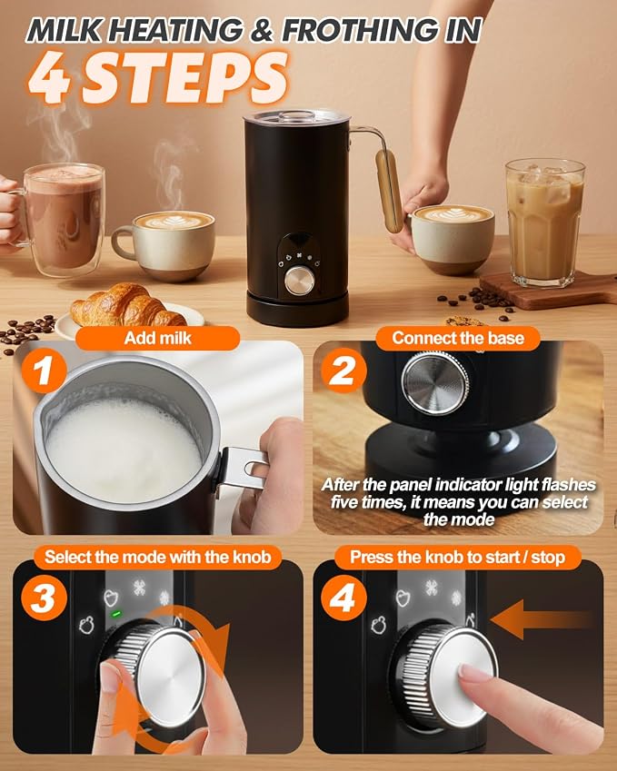 5-in-1 Electric Milk Frother and Steamer, Automatic Milk Foamer Hot Chocolate Maker with Wood Grain Handle, 11.8oz Milk Warmer and Heater for Latte, Cappuccino, Hot Cocoa Maker, Frother for Coffee