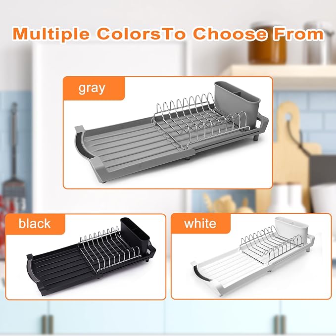 Dish Drying Rack Compact Expandable - A Space-Saving, Stainless Steel, Rust-Resistant Dish Drainer for Kitchen and Apartment Countertops/Sink Cabinets, Extendable from 11.42 to 19.9 inches (Gray)