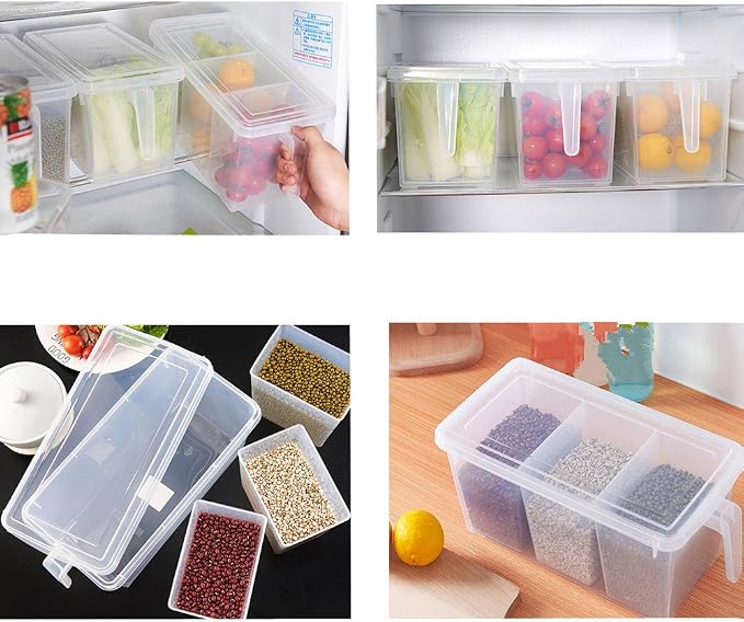2 Pack Plastic Divided Veggie Storage Containers with Lids and Handles for Fridge Storage Organizer Boxes for Refrigerator Produce Beans Fruits Organzation