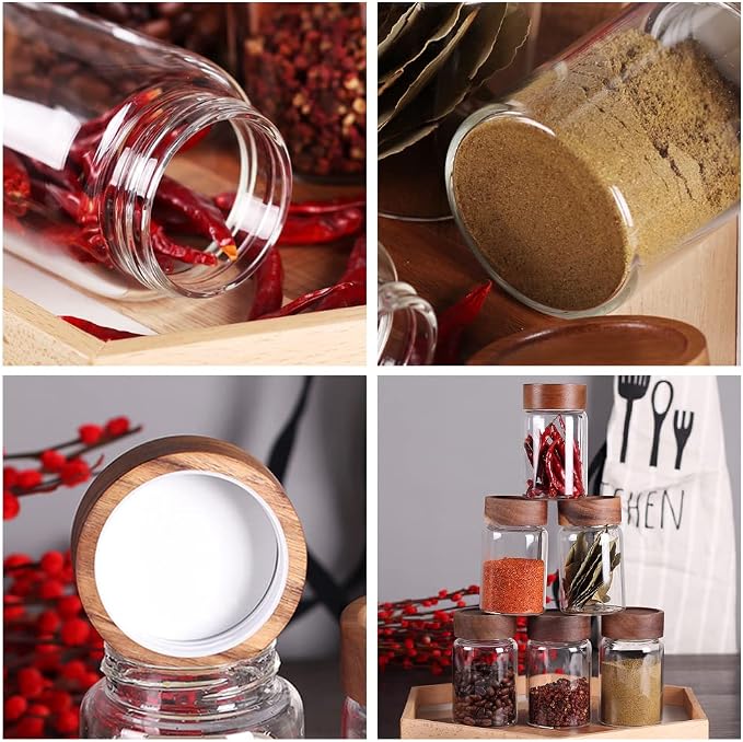 SAIOOL 6 Pcs Small Glass Spice Jars with Label,High Sealing Threaded Mouth,with Black Printed Spice Labels - 8.79oz /260ml*6,Empty Cylinder Spices Bottles,Storage Jars with Airtight Screw Lids | With Label, 8.79oz/260ml