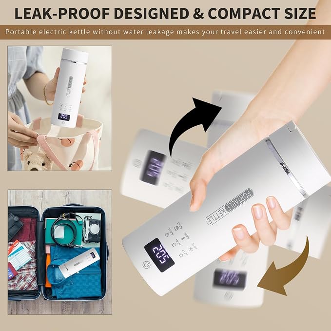 Compact Portable Electric Kettle, LCD Display with 6 Temperature Settings, 304 Stainless Steel, 450ml/15.2oz, Auto Shut-Off and Boil-Dry Protection, Travel Electric Kettle Teapot, White